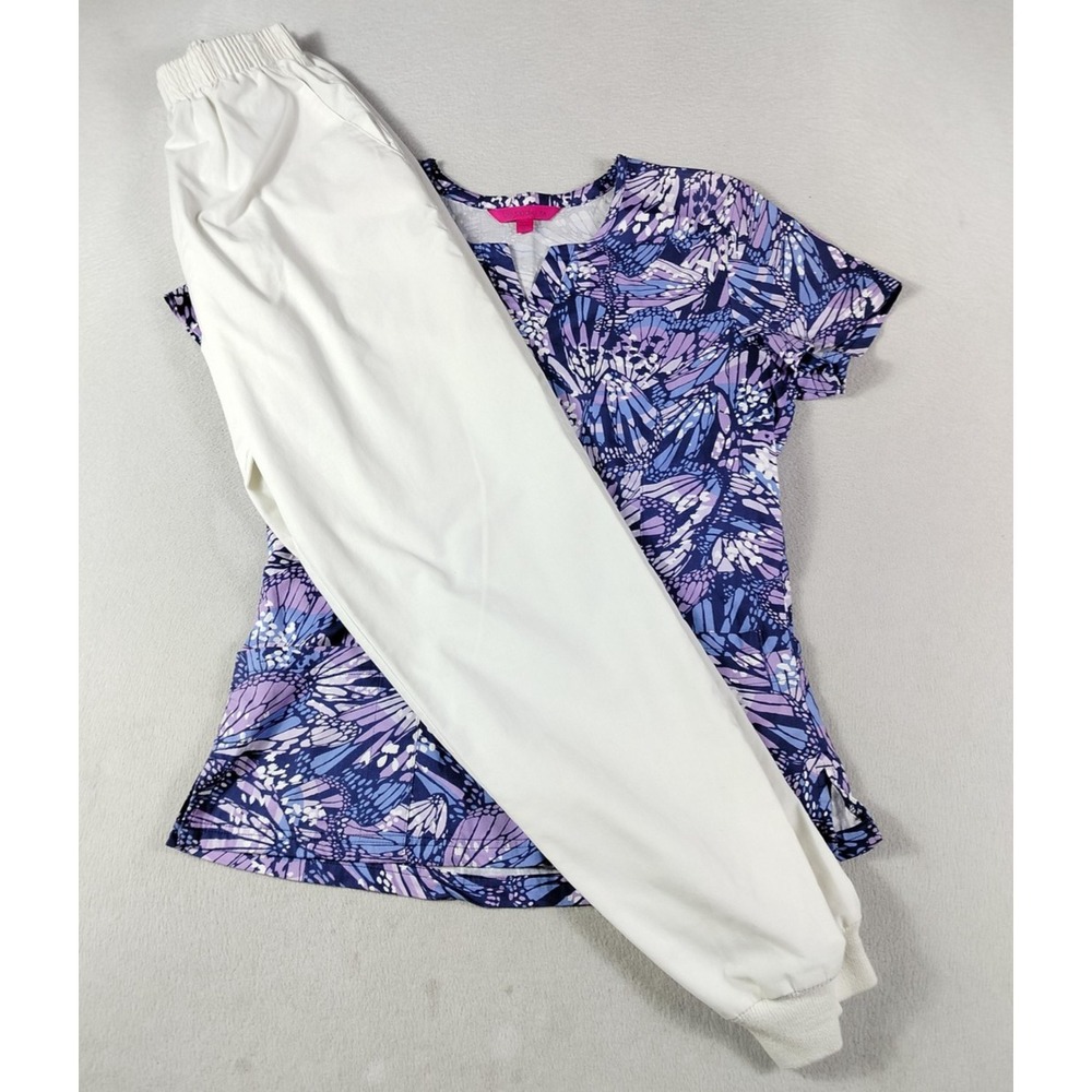 Beyond Scrubs Landau Scrub Set Womens M Multicolor Butterfly 2 Piece Top Pants